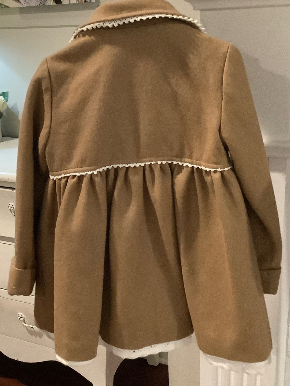 Eliza J Girls' Camel Peacoat with Pearl Buttons and Lace Trim - Picture 2 of 4